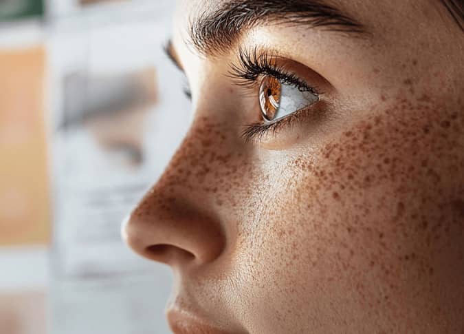 Close-up of facial hyperpigmentation with freckles and sunspots on cheek area