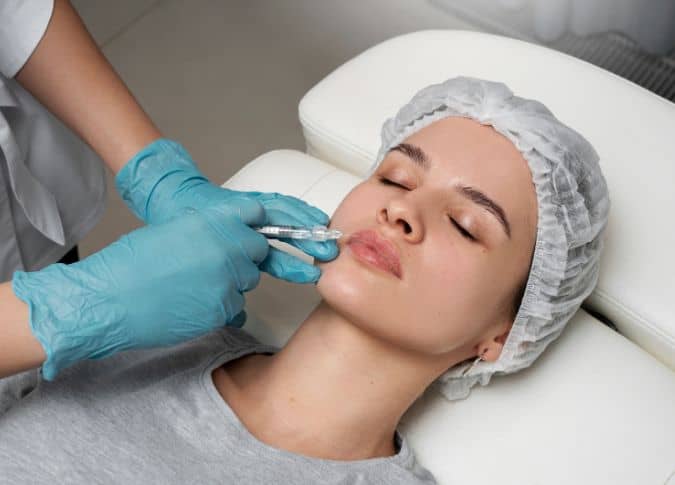 Woman receiving lip filler treatment with a syringe for lip enhancement